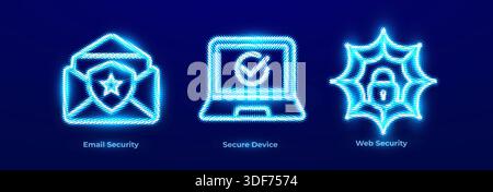 Cyber security email protection secure device web shield icons. Glowing data background for website header, app, IT presentation. Security icons for Stock Vector