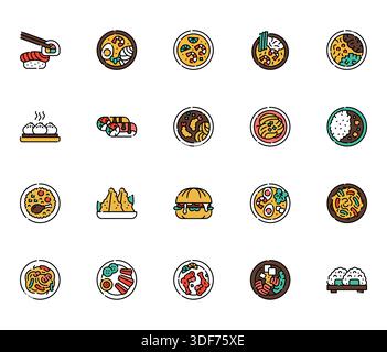 asian cuisine color line icons set. Vector isolated element. Editable stroke. Stock Vector