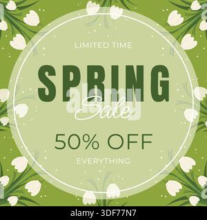 Spring sale banner with snowdrops flowers and fifty percent off discount on green background. Stock Vector