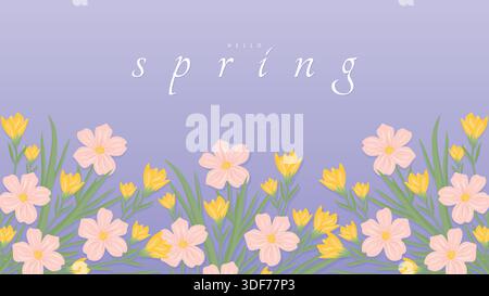 Hello spring horizontal banner with pink and yellow flowers on purple background with copy space. Stock Vector