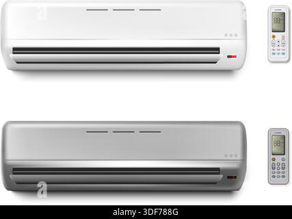 realistic vector icon illustration. Air conditioner with remote control. Isolated on white background. Stock Vector