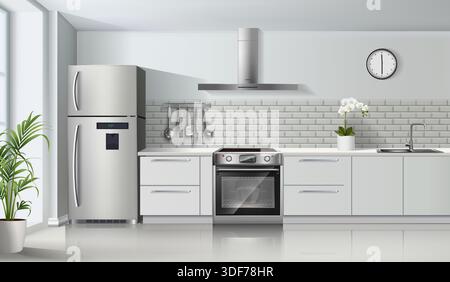 modern light color realistic kitchen interior with gas stove and oven, cabinets, shelves, and fridge. Stock Vector
