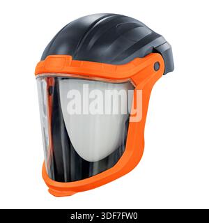 A helmet with a full-face transparent mask, part of a chemical or biological protection suit, isolated on white background Stock Photo