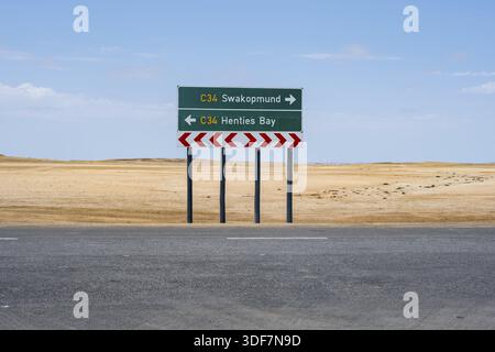 Road sign, Swakopmund and Henties Bay, Skeleton Coast, Dorob National Park, Namibia Stock Photo