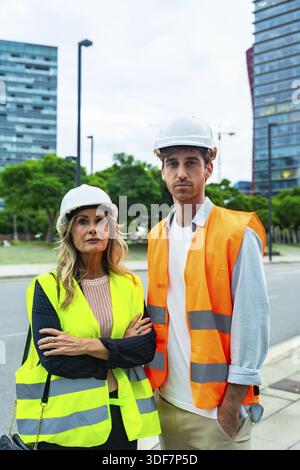 Construction professionals wearing hard hats and reflective vests, standing outdoors, collaborating on an urban building project with modern architect Stock Photo
