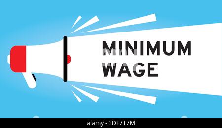 Color megaphone icon with word minimum wage in white banner on blue background Stock Vector