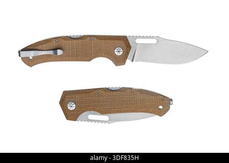 Two folding pocket knives with brown micarta handles, one open and one closed, on white background. Stock Photo