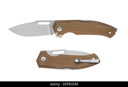 Two folding pocket knives with brown micarta handles, one open and one closed, on white background. Stock Photo