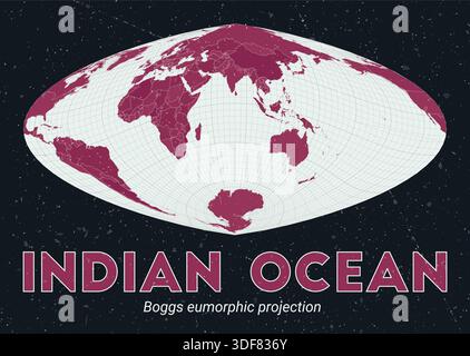 Indian Ocean. World map. Boggs eumorphic projection centered on the Indian Ocean. Pale mint and dark pink palette. Vintage texture. Stock Vector