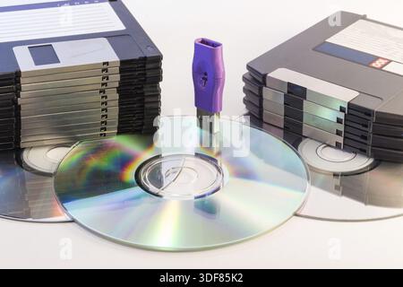 Progression of computer data storage media from floppy to USB flash stick through the DVD rom Stock Photo
