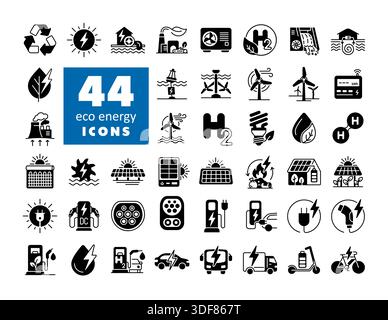 Big set of 44 outline glyph icons for renewable energy, electric transport and green technology. Vector illustration for eco design and sustainable po Stock Vector