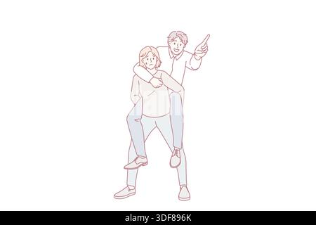 Heavy carrying and victim concept. Smiling positive businessman sitting on back on young stressed man feeling too much weight and pressure vector illustration Stock Vector