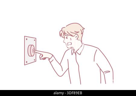 Emergency button and sos concept. Stressed man office worker standing pushing red emergency button for calling vector illustration Stock Vector