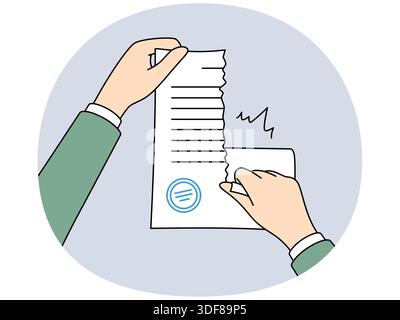 Hands tear up sealed contract to get rid of non-income-generating business obligations or quit job. Person destroys legal documents that could indicate criminal actions of business or corporation. Stock Vector
