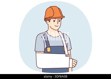 Man builder with broken arm after accident at workplace and looks at screen. Guy builder or foreman in hardhat and work overalls got injured during construction for employees insurance concept Stock Vector