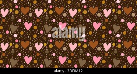 Seamless vector pattern with hearts, lines and dots in pink and brown colors for backgrounds, banners and package design Stock Vector