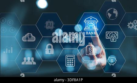 Digital banking and fintech interface with hand touching bank icon on hexagon network, showing AI, cloud, security, payments, savings, analytics and g Stock Photo