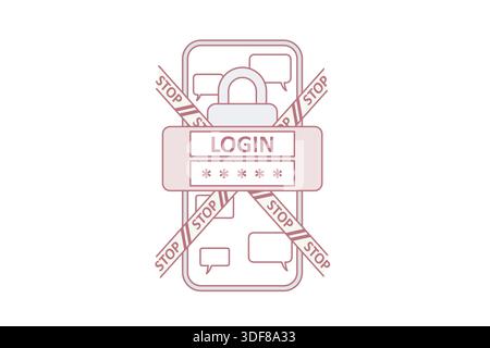 Personal identification and safety concept. Smartphone screen with login password and stop signs crossing it with lock and chat messages in application vector illustration Stock Vector