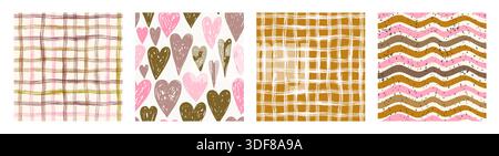 Cute vector seamless patterns with plaid crossing rough, irregular brush strokes, wavy stripes, checks and hand drawn doodle hearts background Stock Vector