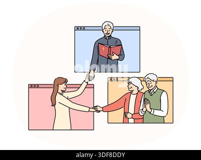 Priest leads online christian mass holding hands with parishioners of different ages located in internet windows. Digital mass for men and women who cannot attend christian church due to quarantine Stock Vector