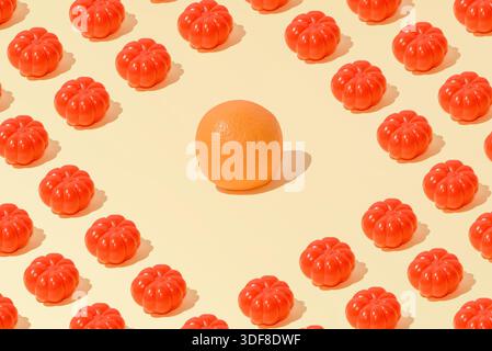 Creative summer abstract tomato and orange pattern flat lay on pastel yellow background minimalism Stock Photo