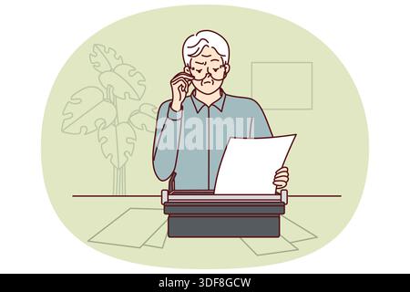 Elderly man uses typewriter and works as writer, wanting to publish own book of fiction. Gray-haired pensioner stands at table with papers and typewriter using old-fashioned typing equipment Stock Vector