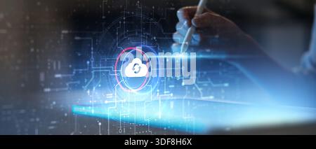 Cloud Computing and Data Synchronization Technology Illustrated on Futuristic Digital Interface. Stock Photo
