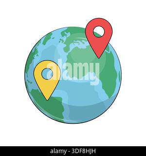Globe with two locations. Cartoon vector illustration on white baclground. Stock Vector