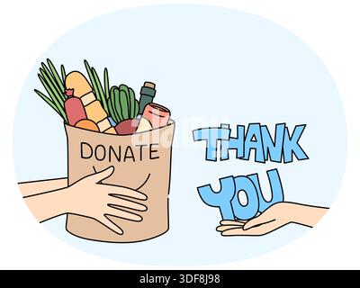 Bag of food in hands of man near inscription thank you, for concept of charity and helping people in need. Metaphor for fight against hunger and provision of food stamps to citizens left without work Stock Vector