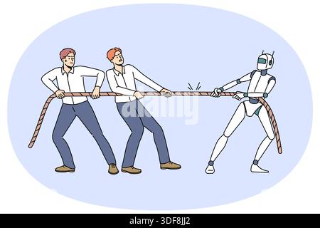 Competition peoples and robot in tug of war, as metaphor for struggle for job. Strong robot demonstrates superiority over office employees are unable to defeat technology and innovation in business. Stock Vector