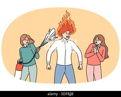 Aggressive man with flame on head stands near frightened colleagues with fire extinguisher. Aggressive manager needs training in self-control, for concept of inappropriate boss behavior Stock Vector