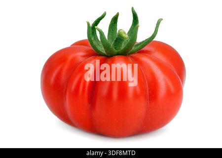 ribbed ripe beefsteak tomato isolated on white background, single fresh wrinkled tomato variety Stock Photo