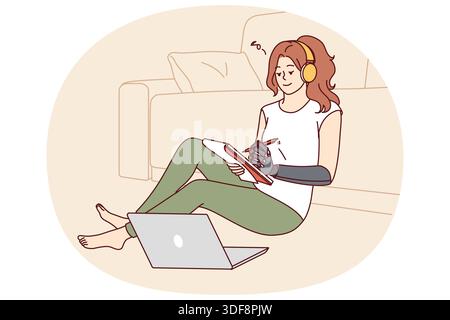 Woman with bionic prosthetic arm sits on floor near sofa and makes notes in notebook. Girl with prosthesis listens to music in headphones and smiles, for concept of love of life or vitality Stock Vector