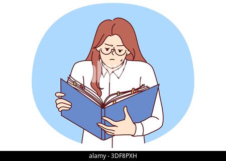 Woman is studying secret documents holding folder of papers in hand and working with confidential data. Businesswoman has access to classified information reads information prohibited for distribution Stock Vector