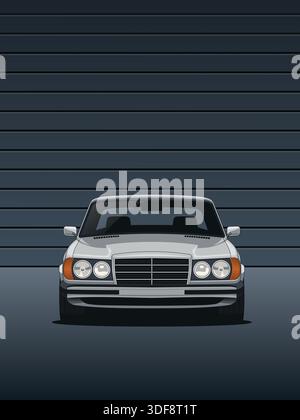 Silver Mercedes W123 sedan shown from the front in a dark modern garage with soft dramatic lighting Stock Vector