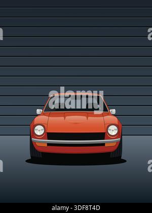 Front view vector illustration of an orange Datsun 240Z in a modern garage, retro flat style classic Japanese sports car poster Stock Vector