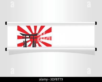 Japanese Torii Gate Banner with Rising Sun Flag Background for Culture and Heritage Stock Vector
