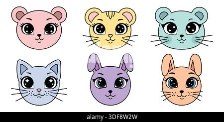 Adorable Kawaii Pastel Animal Faces Set with Big Sparkly Eyes for Kids Stickers and Illustrations Stock Vector