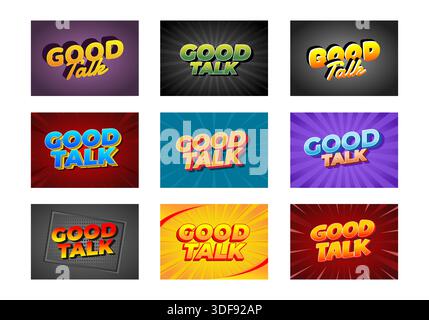 A collage of colorful text designs featuring the phrase Good Talk in various styles and backgrounds. Each design showcases different typography and co Stock Vector