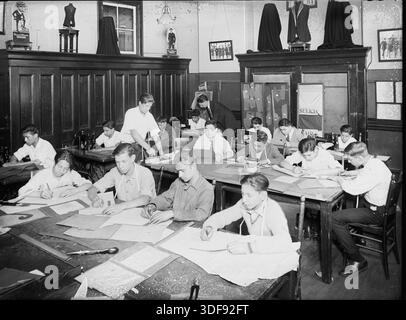 Title: Garment design  1925 us, usa, school, class, This image depicts a garment design class in 1925 in the United States, where students—likely young women—are learning skills in fashion design, pattern making, and sewing. Such classes were part of vocational and domestic education programs in schools, preparing students for careers in the garment industry or for practical household management. The 1920s saw growing interest in fashion and design as both a profession and an educational subject. Stock Photo