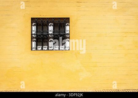Window with iron bars and painted frame Stock Photo