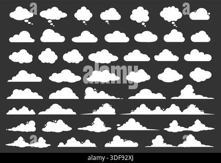 A large set of silhouettes of black clouds of different shapes on a white background. Stock Vector