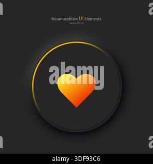 A round black button with a yellow-orange heart symbol. Stock Vector