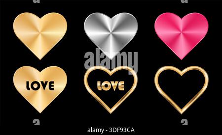 A set of colored metal heart-shaped icons with the words love on a dark background. Stock Vector