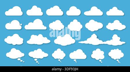 A set of silhouettes of clouds and speech bubbles with a white shadow of various shapes and sizes on a blue background. Stock Vector