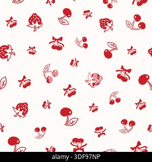 Cute Cherry Berry Doodle Seamless Pattern Stock Vector