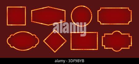 Set of circus marquee frames with glowing bulbs in retro style for posters, tickets and banners. Vector illustration Stock Vector