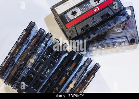 Picture of a retro, dusty, used, old cassettes tape from 70s 80s 90s. It reminds of the music history Stock Photo