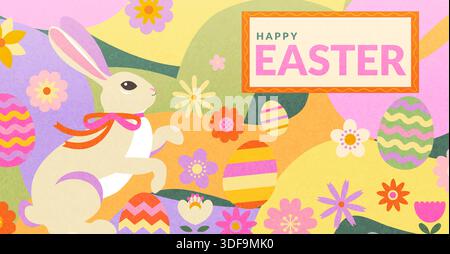Springtime greeting card for Easter. Poster for happy holiday with cute bunny, easter painty eggs, flowers. Template for your design, web,banners, posters,social media, sales. Vector illustration Stock Vector