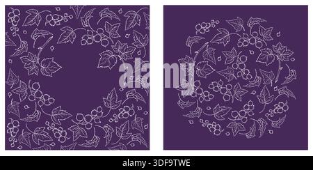 Currant Berry Square Cards. White Line Art Botanical Frames on Dark Purple Background. Vector illustration. Not AI Stock Vector